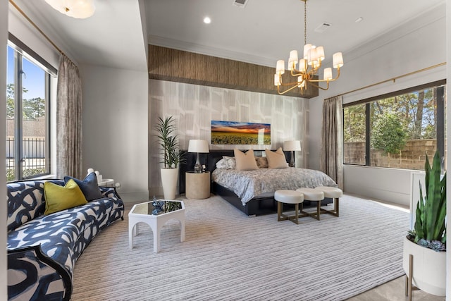 bedroom featuring recessed lighting, visible vents, an inviting chandelier, and crown molding