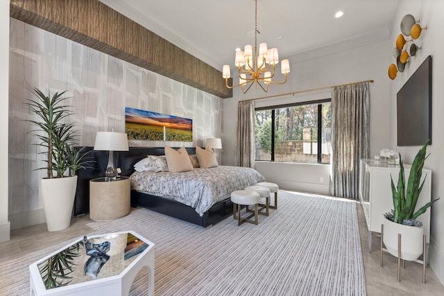 bedroom with a notable chandelier, recessed lighting, and crown molding