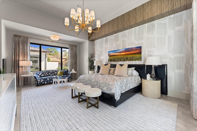 bedroom with crown molding and a notable chandelier