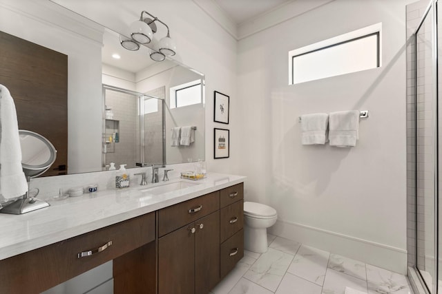 full bathroom featuring plenty of natural light, baseboards, marble finish floor, and a stall shower