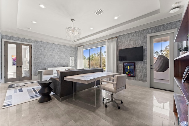 bedroom with visible vents, wallpapered walls, a tray ceiling, an inviting chandelier, and french doors