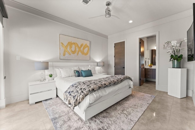 bedroom with baseboards, visible vents, ceiling fan, ornamental molding, and ensuite bathroom