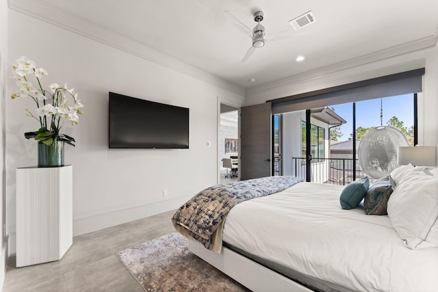 bedroom with visible vents, access to outside, crown molding, baseboards, and ceiling fan