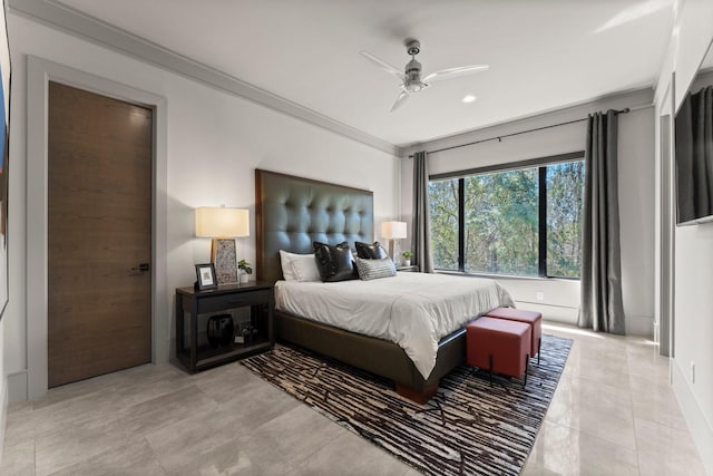 bedroom featuring light tile patterned floors, ornamental molding, and ceiling fan