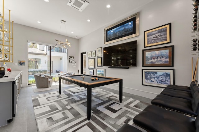 game room with visible vents, recessed lighting, pool table, baseboards, and a chandelier