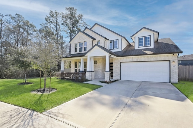 craftsman-style house with fence, a porch, an attached garage, a front lawn, and concrete driveway