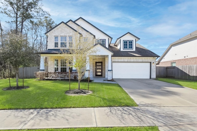 craftsman house with a front lawn, fence, a porch, a garage, and driveway