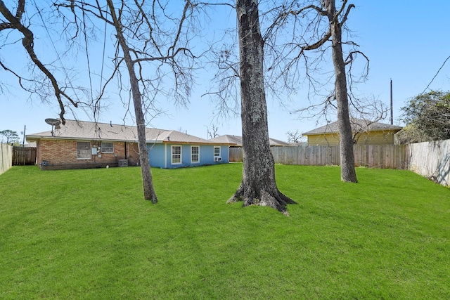 view of yard with central AC unit and a fenced backyard