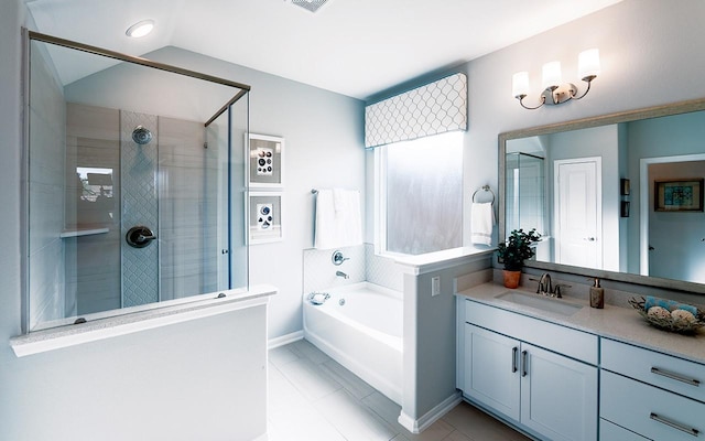 full bath featuring visible vents, a shower stall, vaulted ceiling, a bath, and vanity