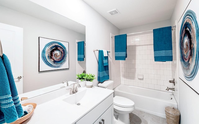 full bathroom with vanity, visible vents, tile patterned flooring, bathing tub / shower combination, and toilet