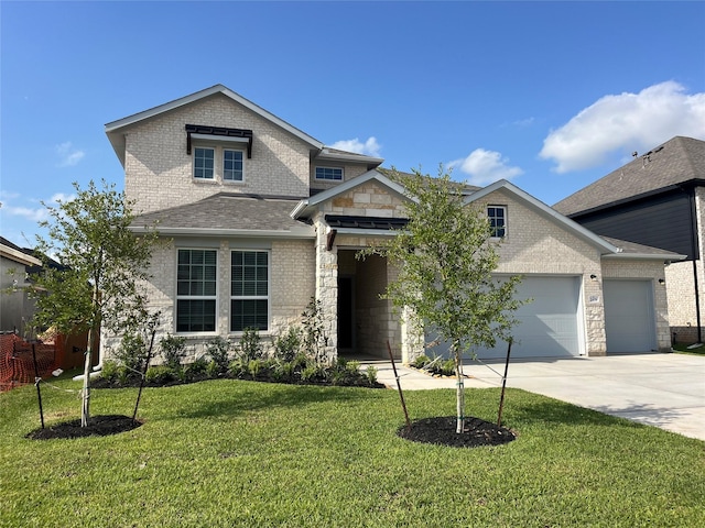 2409 Seaglass Terrace Dr, Katy, TX 77493 - view of front facade with a garage, a front lawn, concrete driveway, brick siding, and a shingled roof