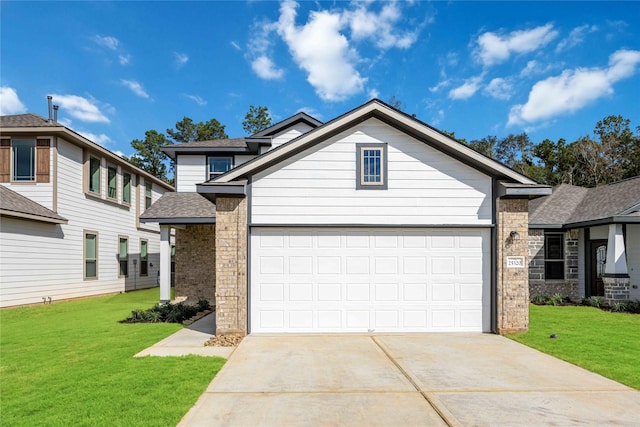 view of front of home with driveway, brick siding, roof with shingles, and a front lawn