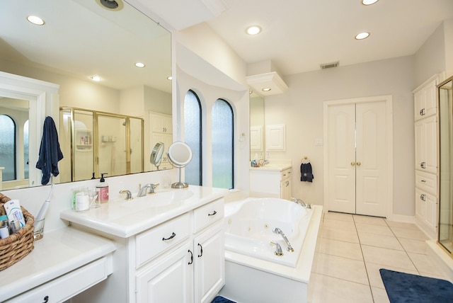 full bath with visible vents, recessed lighting, a whirlpool tub, a shower stall, and tile patterned floors