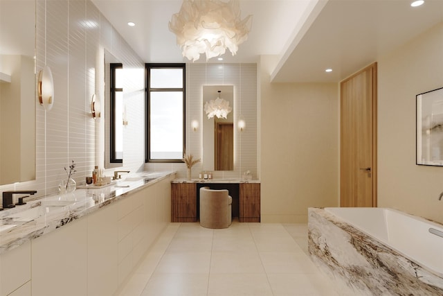 bathroom with double vanity, a bathing tub, recessed lighting, tile patterned floors, and a sink