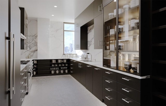 interior space with recessed lighting, a sink, under cabinet range hood, high quality appliances, and backsplash