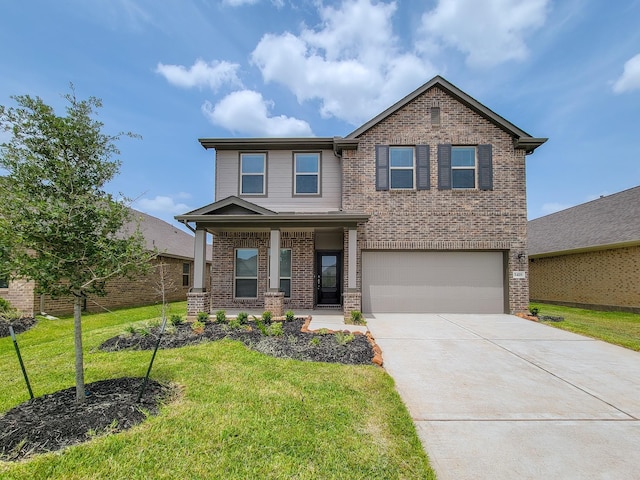 view of front of property featuring brick siding, an attached garage, concrete driveway, and a front lawn