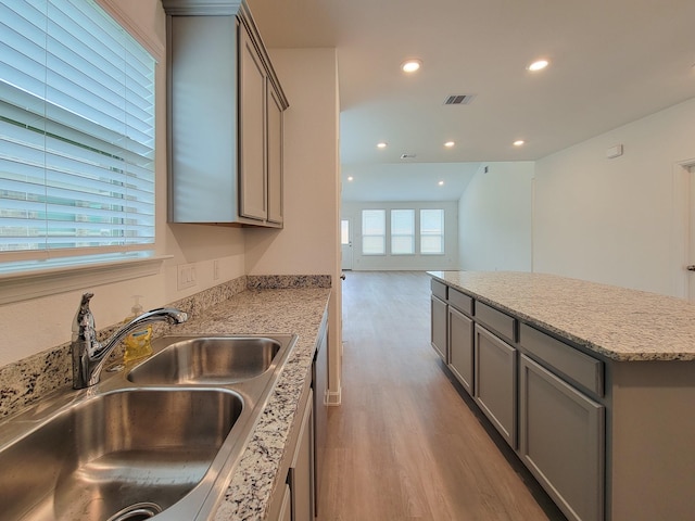 kitchen featuring visible vents, gray cabinetry, a kitchen island, wood finished floors, and a sink