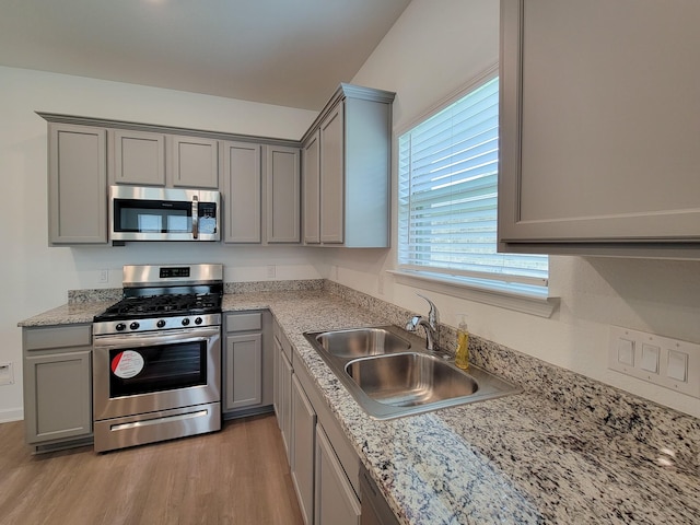 kitchen featuring light wood finished floors, gray cabinetry, stainless steel appliances, and a sink