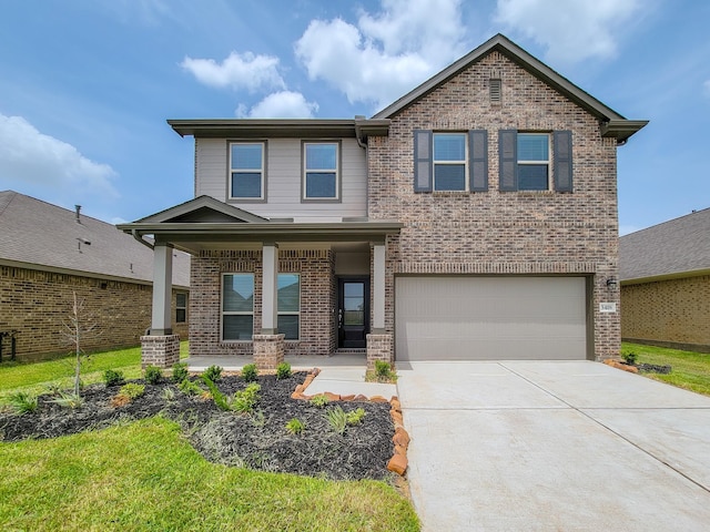 view of front facade featuring brick siding, an attached garage, covered porch, and driveway