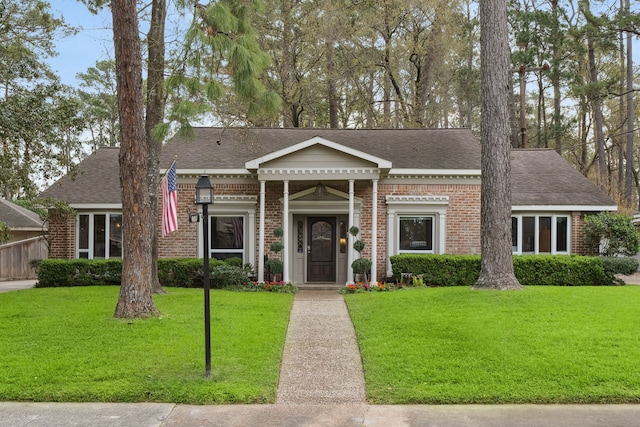 neoclassical home featuring a front yard, brick siding, and a shingled roof