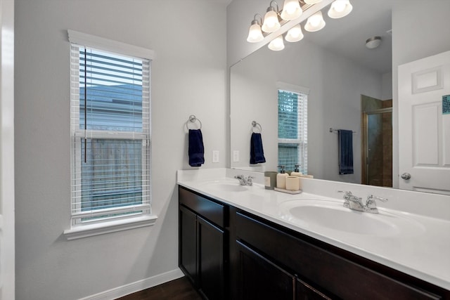 full bathroom featuring a sink, baseboards, double vanity, and a shower stall