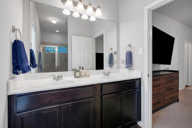 bathroom featuring double vanity, a stall shower, and a sink