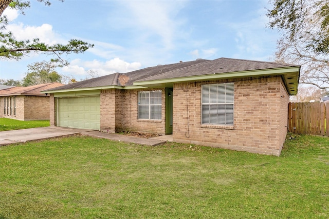 ranch-style house with a front lawn, concrete driveway, fence, and brick siding