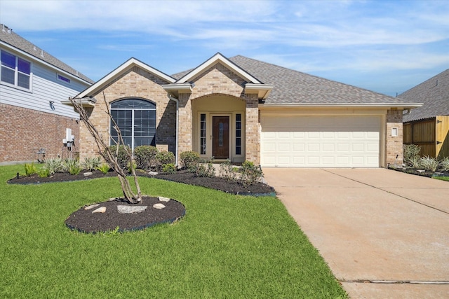 ranch-style house featuring brick siding, concrete driveway, and a front lawn