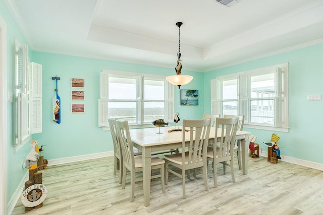 dining room featuring a wealth of natural light, light wood finished floors, a raised ceiling, and baseboards