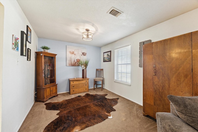 living area featuring carpet flooring, visible vents, and a textured ceiling