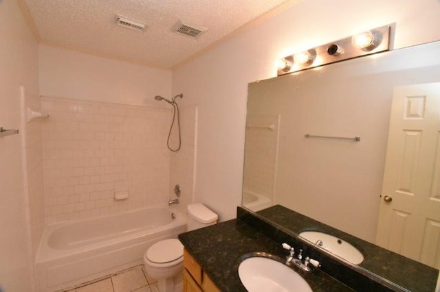 bathroom featuring visible vents, shower / washtub combination, toilet, tile patterned floors, and a textured ceiling