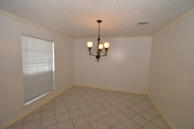 unfurnished room featuring a chandelier, baseboards, and ornamental molding