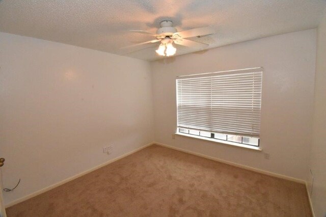 empty room featuring ceiling fan, carpet, baseboards, and a textured ceiling