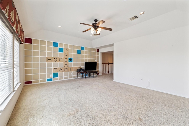 interior space with recessed lighting, visible vents, a ceiling fan, and carpet flooring