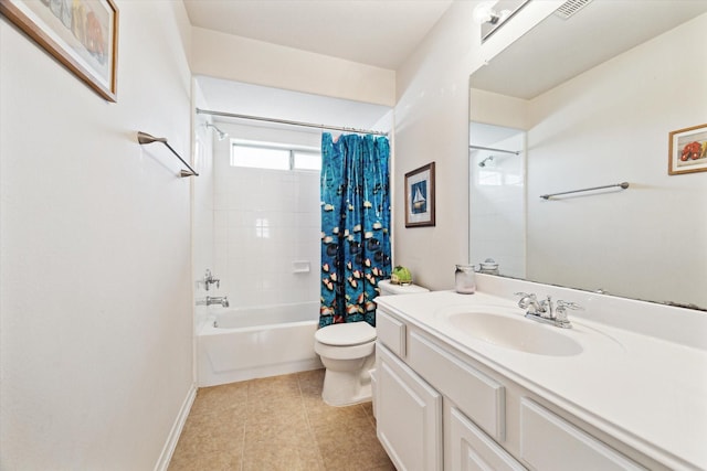 bathroom with tile patterned flooring, baseboards, toilet, shower / tub combo, and vanity