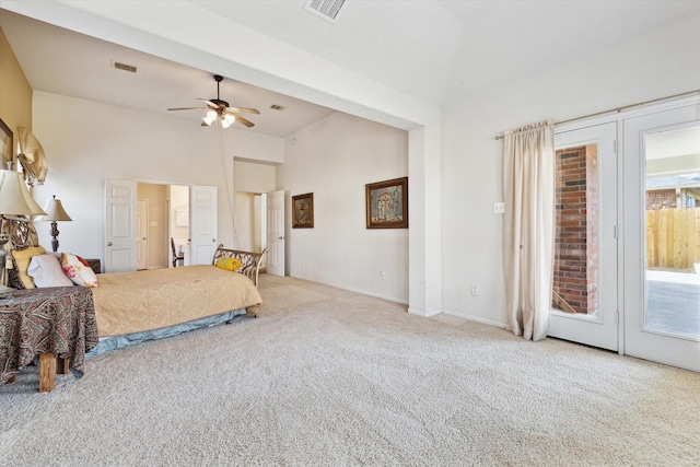 carpeted bedroom featuring ceiling fan, access to exterior, visible vents, and high vaulted ceiling