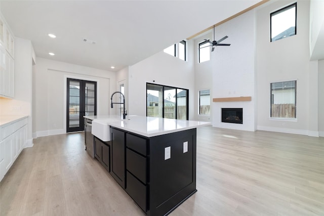 kitchen with dark cabinets, light countertops, light wood-style floors, and a sink