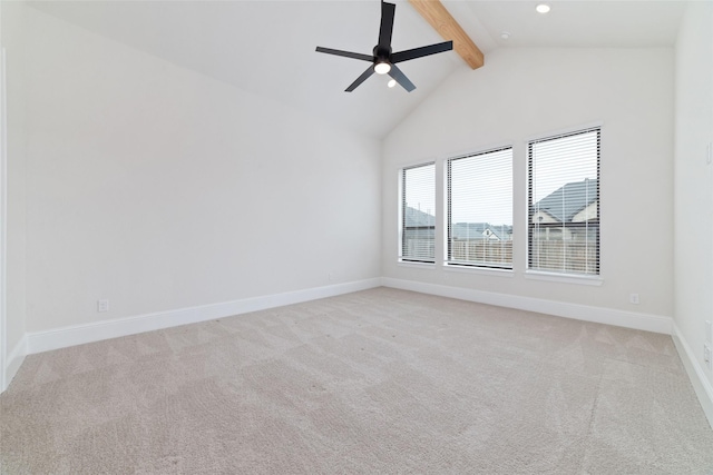 unfurnished room with beamed ceiling, high vaulted ceiling, a ceiling fan, carpet floors, and baseboards