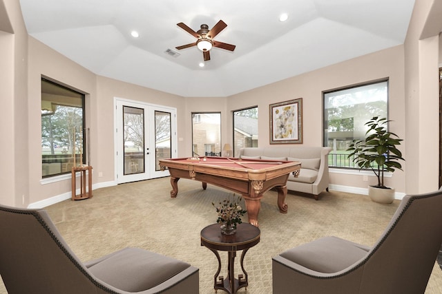 game room with recessed lighting, visible vents, carpet floors, and french doors