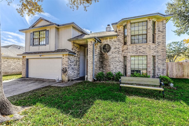 view of front facade with a front lawn, fence, concrete driveway, an attached garage, and brick siding