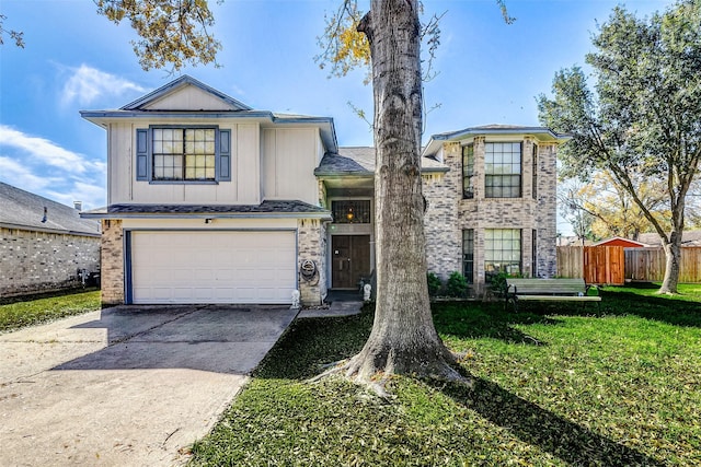 view of front of property featuring fence, driveway, a front lawn, a garage, and brick siding