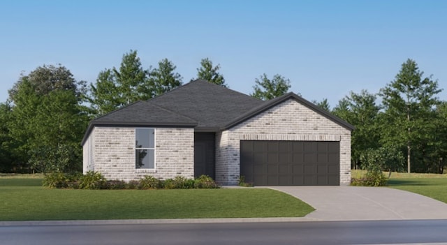 view of front of house with brick siding, an attached garage, concrete driveway, and a front yard