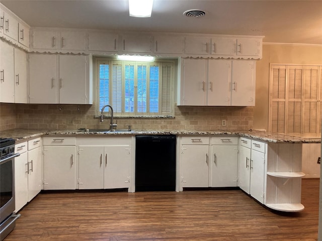 kitchen with a sink, dark wood-style floors, black dishwasher, and white cabinets