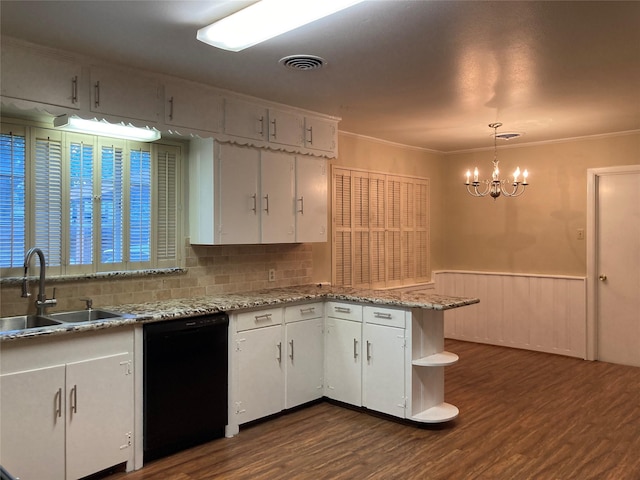 kitchen featuring a sink, dark wood finished floors, white cabinets, crown molding, and dishwasher