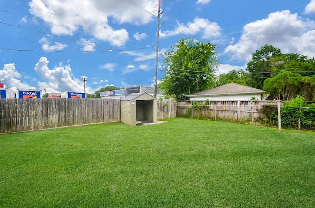 view of yard featuring an outbuilding, a storage unit, and a fenced backyard