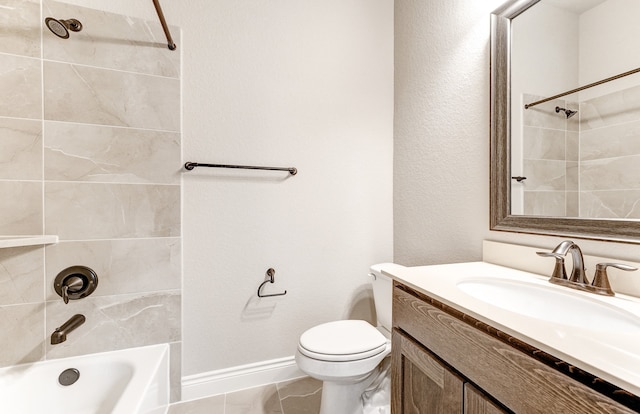 full bath featuring toilet, marble finish floor, shower / bathing tub combination, baseboards, and vanity