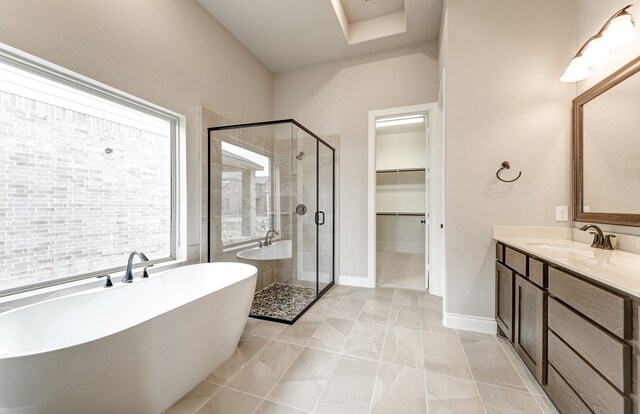 full bathroom with vanity, baseboards, a freestanding tub, a stall shower, and a walk in closet