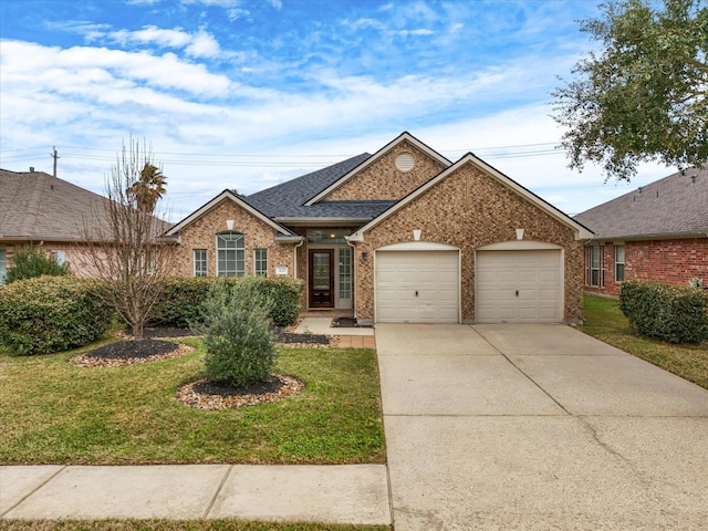 ranch-style house with brick siding, a shingled roof, concrete driveway, a front yard, and an attached garage