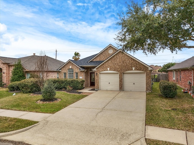 ranch-style house featuring a front lawn, an attached garage, brick siding, and concrete driveway