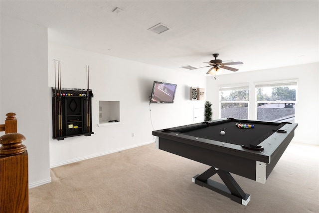 recreation room with carpet flooring, pool table, baseboards, and a ceiling fan